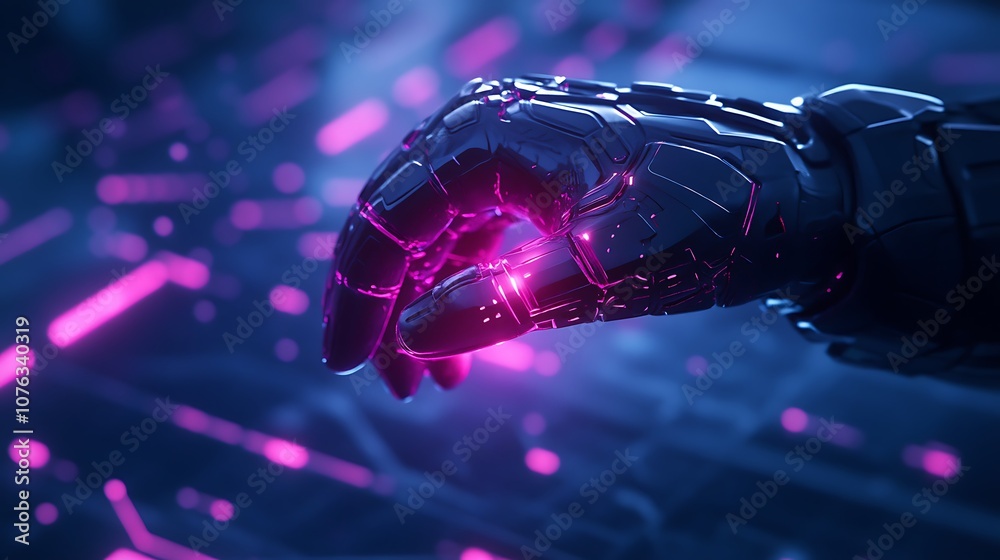 Poster A futuristic robotic hand emits a glowing pink light, surrounded by a digital environment filled with intricate circuits and patterns.