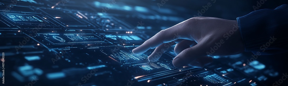 Poster a hand is delicately interacting with a glowing, high-tech circuit board, showcasing advancements in