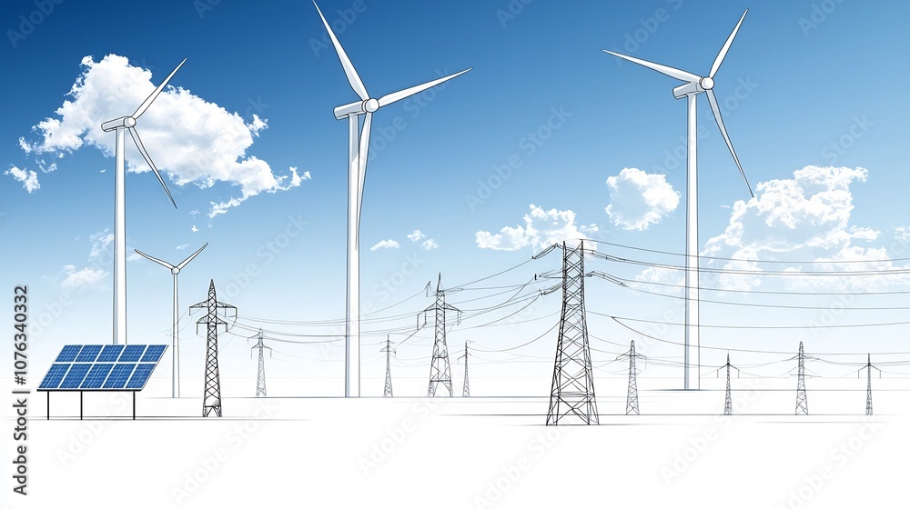 Poster comprehensive set of line icons focused on the energy sector including wind turbines solar panels an