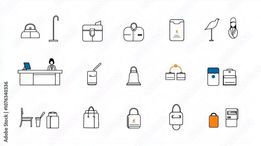 Poster set of minimalist line icons representing hotel reception desk receptionist and hotel services like 
