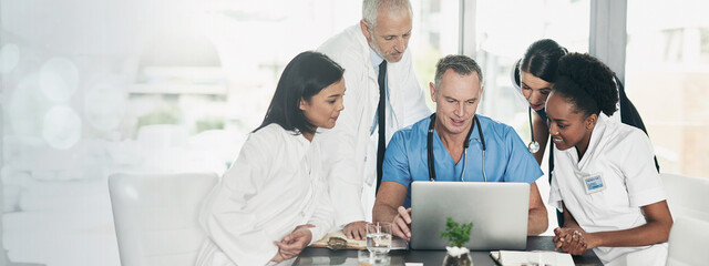 Healthcare, doctors and laptop in banner for research, medical news and meeting in office. Man surgeon, cardiology team and tech in clinic space for surgery plan, information and expert collaboration