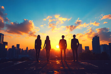 Group of Professionals Business people stand silhouetted in a large office rooftop space, in front of a city skyline at sunset