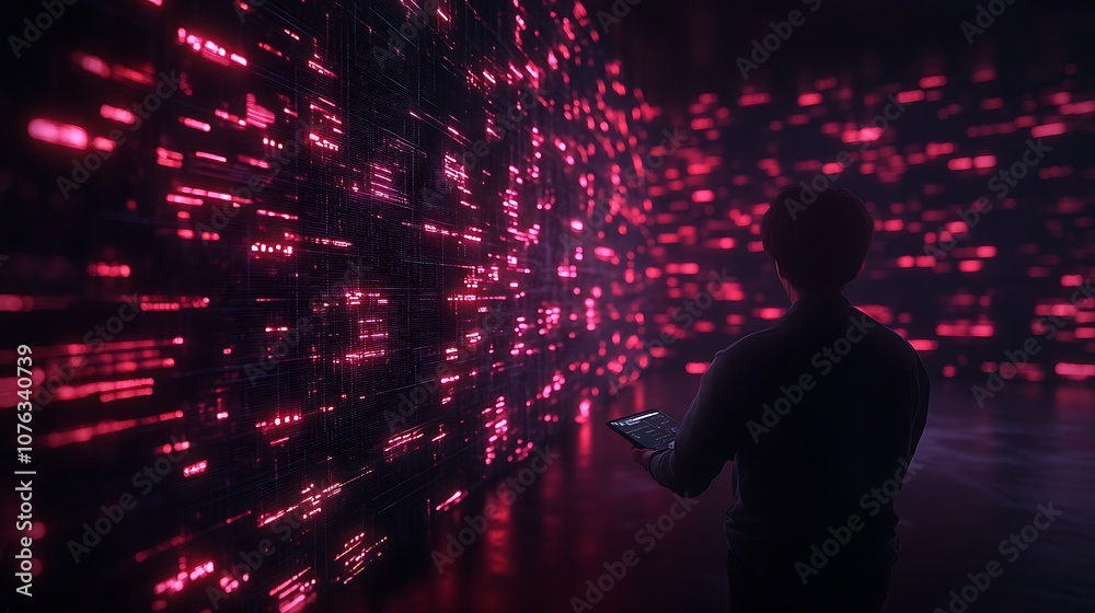Poster A silhouetted figure engages with vibrant digital displays, showcasing a blend of technology and data in a dark environment.