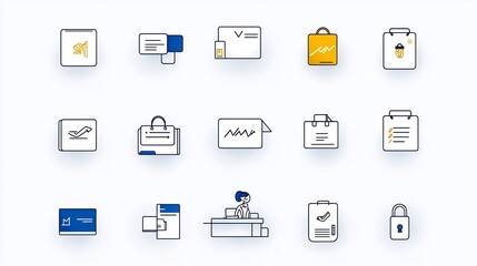 Set of line style editable stroke icons representing guest check in receptionist and reservation desk for hotel motel or resort hospitality services and customer experience