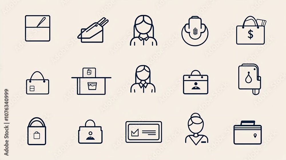 Poster Clean Style of Reception Desk Icons Depicting Staff Cashier and Client Support Services in a Professional Office or Business Setting