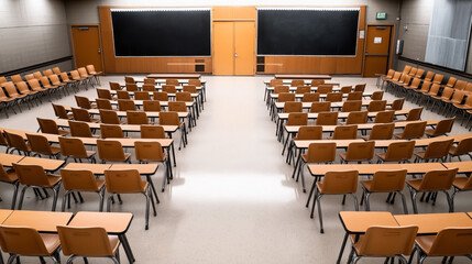 Empty lecture hall with rows of orange chairs and desks facing a large blackboard, light gray flooring, and wooden paneling.