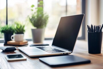 Minimalist Workspace with Laptop and Plants: A Modern Office Setup