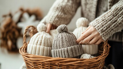 Obraz premium Cozy knit hats in a wicker basket, perfect for winter. Get ready to stay warm and stylish with handmade wool beanies in neutral tones.