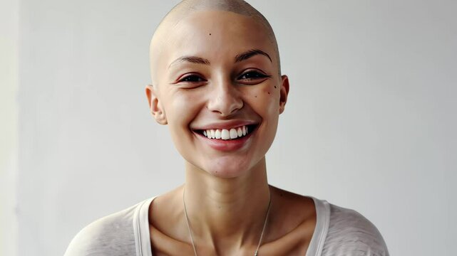Smiling Cancer Survivor Hairless Bald Beauty Woman in Bright White Room - Positive Portrait for Health, Resilience, and Medical Awareness Concepts