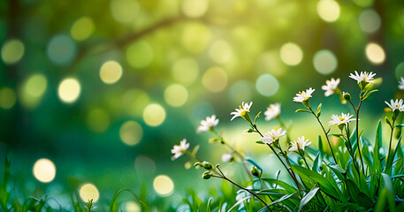 Obraz premium Spring background blurred in bokeh style, white flowers bloom, creating tranquil spring atmosphere with soft bokeh lighting. AI generated.