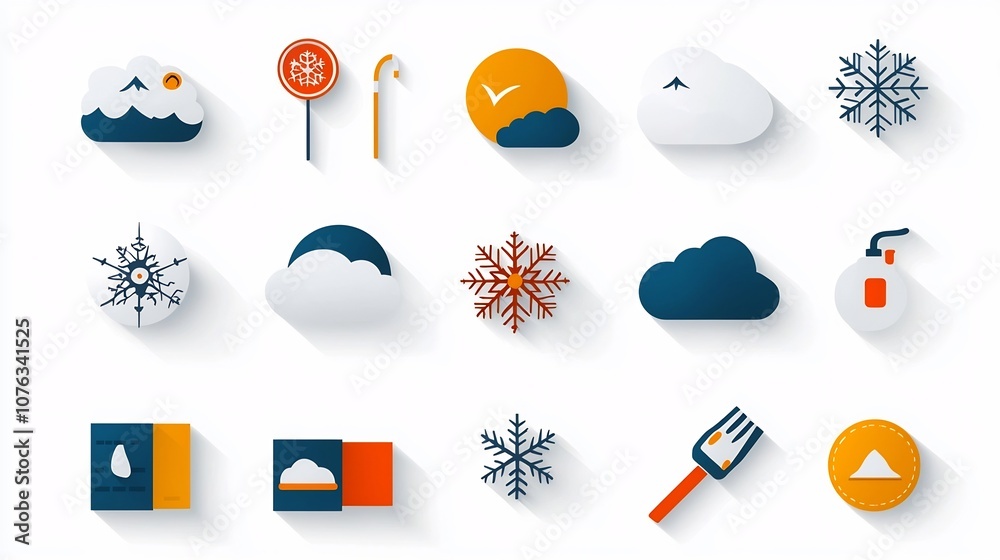 Poster comprehensive icon set depicting various elements of snowy weather including snowflakes snow covered