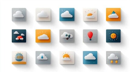 Colorful icons representing cloudy weather conditions featuring layered clouds soft gray shades and partly cloudy variations