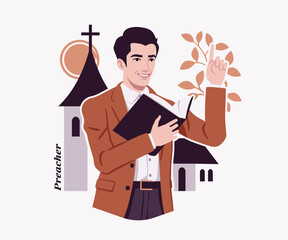Preacher man, young priest or minister giving religious church speech sermon, pastor reading book, modern design for art magazine, blog, graphic advertisement, digital social media illustration