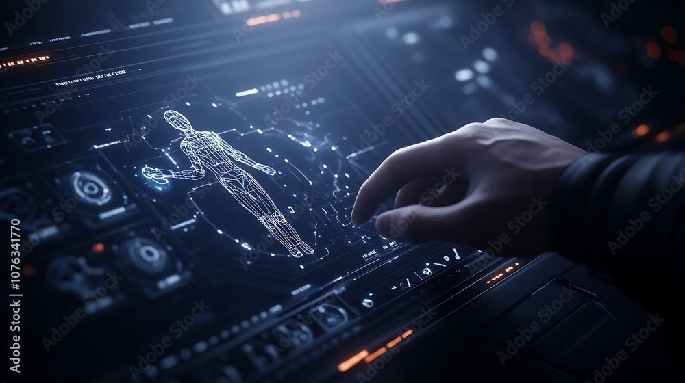 Aufkleber A futuristic hand interacts with a glowing holographic interface, displaying intricate patterns and data.