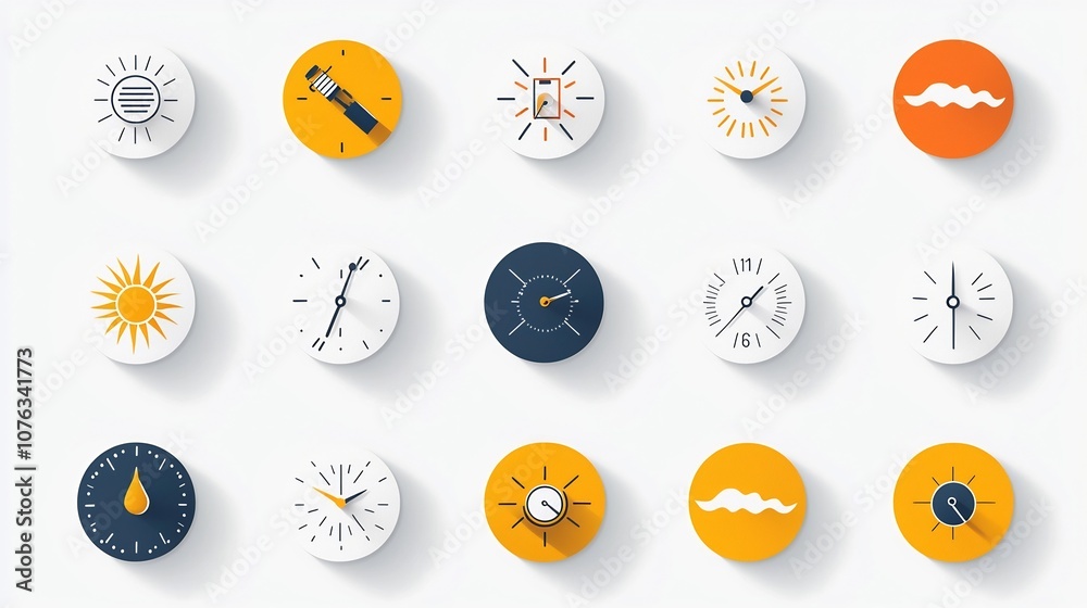 Aufkleber Vibrant featuring a collection of weather themed icons including thermometers bright sun rays and heat wave patterns all in warm inviting color tones