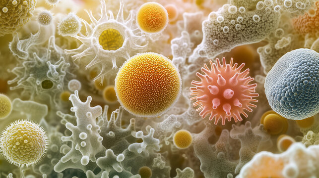 A detailed microscopic view of various pollen grains, spores, and microorganisms, showcasing intricate textures and forms in a vibrant, biological scene.