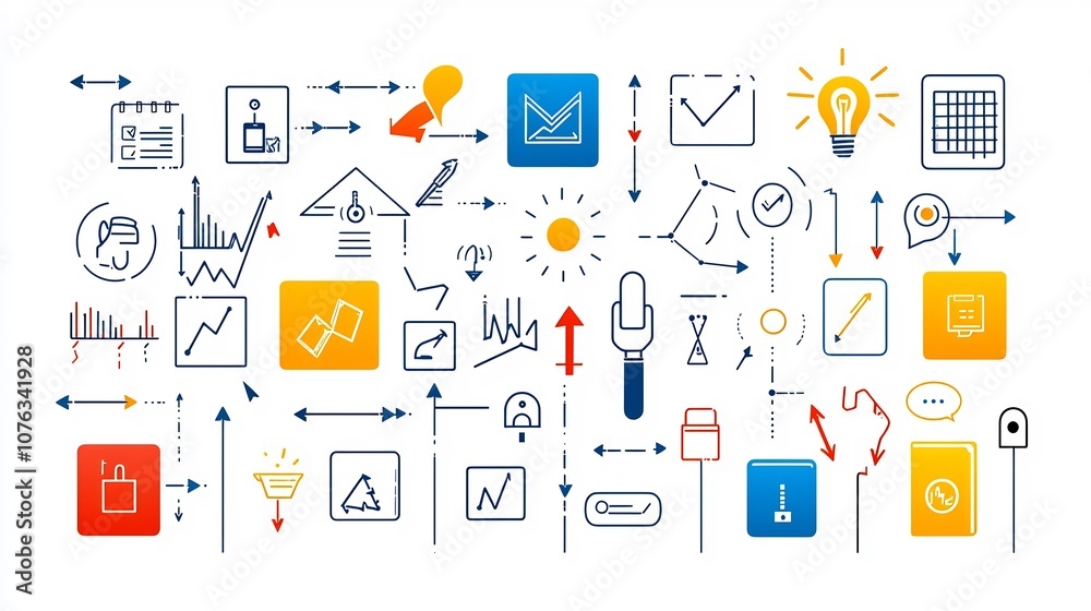 Poster depicting decision making process with clickable finger icons highlighted boxes and arrows pointing to various choices and options in a clean modern and abstract style