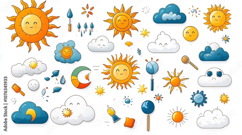 Poster Colorful and modern icon set depicting a partly sunny weather forecast featuring a combination of sun and cloud icons with vibrant color shades and gradients