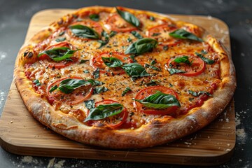 Close-up of a Pizza with Tomato, Cheese, and Basil on a Wooden Board