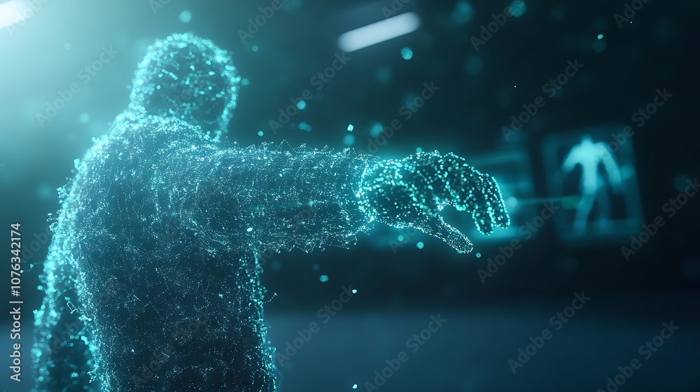 Aufkleber a futuristic, digital figure made of luminous particles reaches outward in a high-tech environment, 