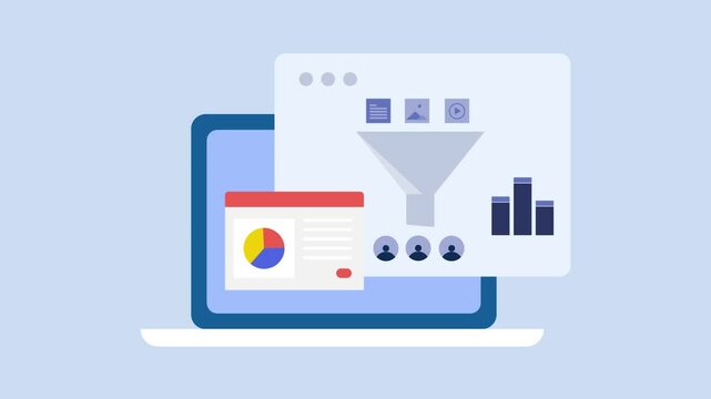 Sales funnel analytics, qualified lead generation system and software, data and insights video animation.