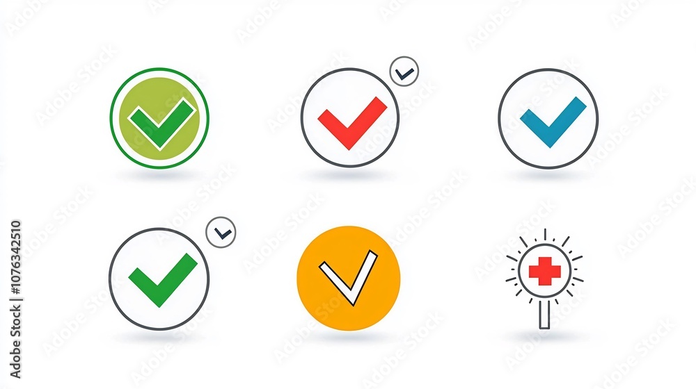 Poster Colorful of various icons and symbols representing approval rejection and choice options including green check marks red crosses and pointers or selectors for decision making user interface