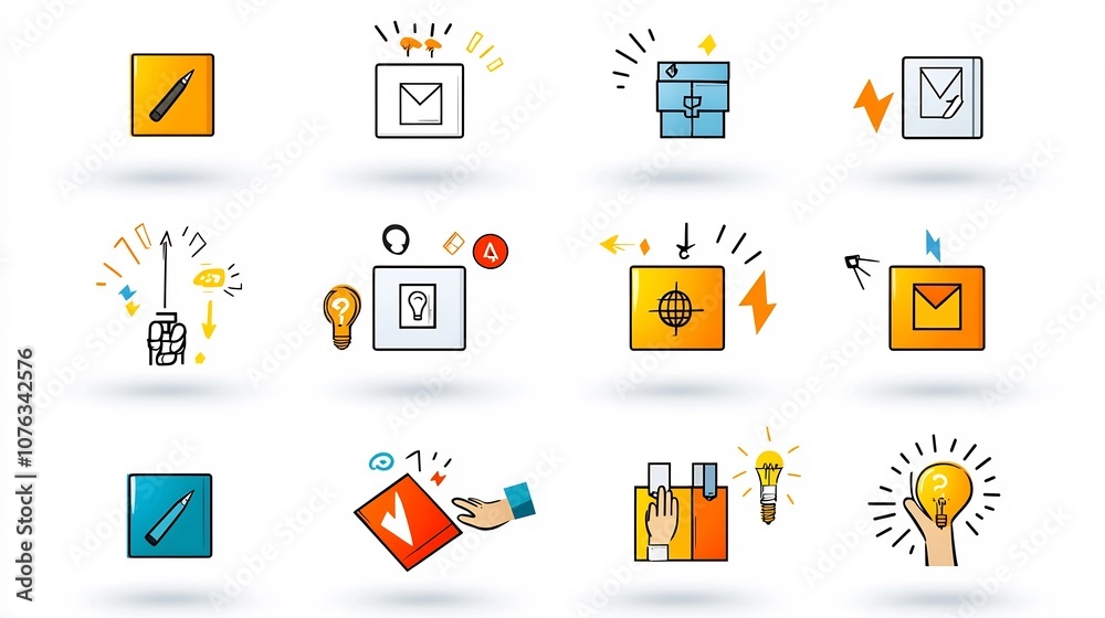 Poster Graphical icons and depicting the concept of picking selecting and making choices featuring hand gestures highlighted boxes or containers and options in different colors  Suitable for user interface