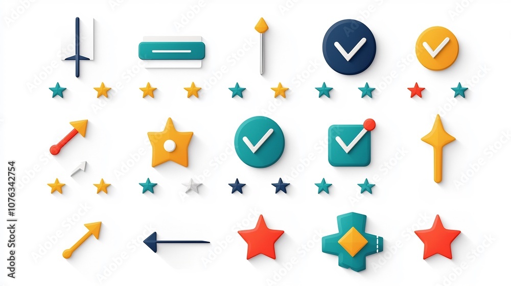Poster Vibrant Dropdown Menus and Priority Icons for Engaging Digital Interfaces  Colorful symbols and graphics for user friendly web and app designs including selection arrows priority stars