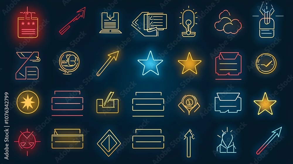 Poster Vibrant and Modern Icon Set Featuring Dropdown Menus Selection Arrows and Priority Stars for User Interface and Web Design Themes