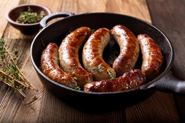 Fototapeta premium Home-made Pork Sausages in rustic pan with thyme on marble table background 