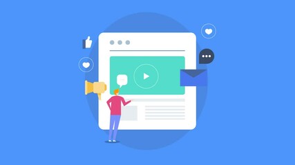 Digital creator people promoting video content on social media and website blog, influencer marketing concept animated clip.