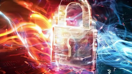 A digital illustration depicting a padlock surrounded by colorful light trails and abstract patterns, symbolizing cybersecurity. - Powered by Adobe
