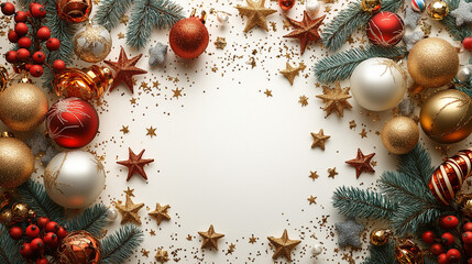 Christmas greeting card. Festive decoration on bokeh background. New Year concept. Copy space. Flat lay. Top view.