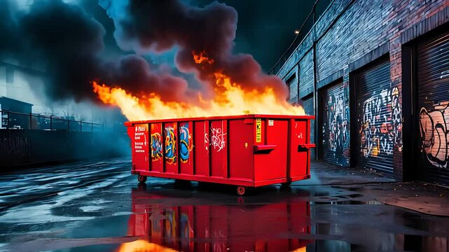  Burning Dumpster with Flames in an Urban Alley at Night