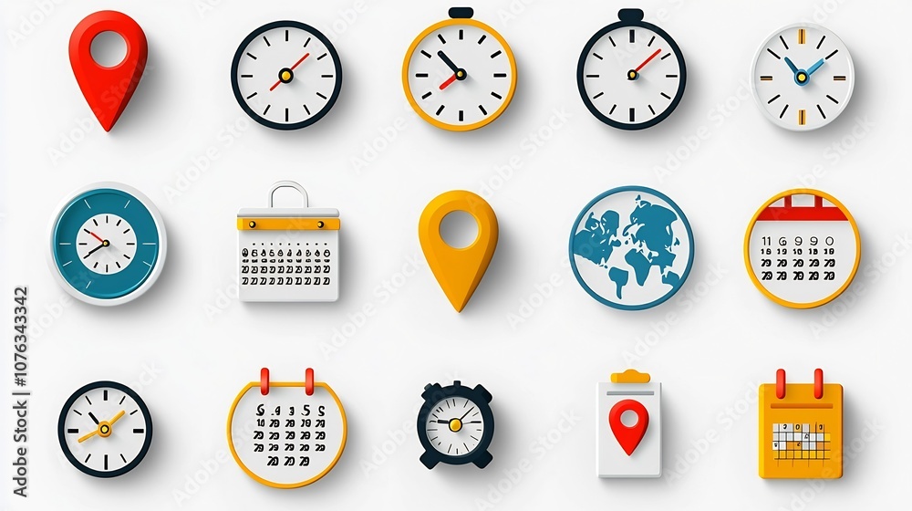 Poster Colorful icon set depicting combined location and time tracking elements such as clocked pins map symbols and calendar icons in a modern vibrant design style for use in digital interfaces