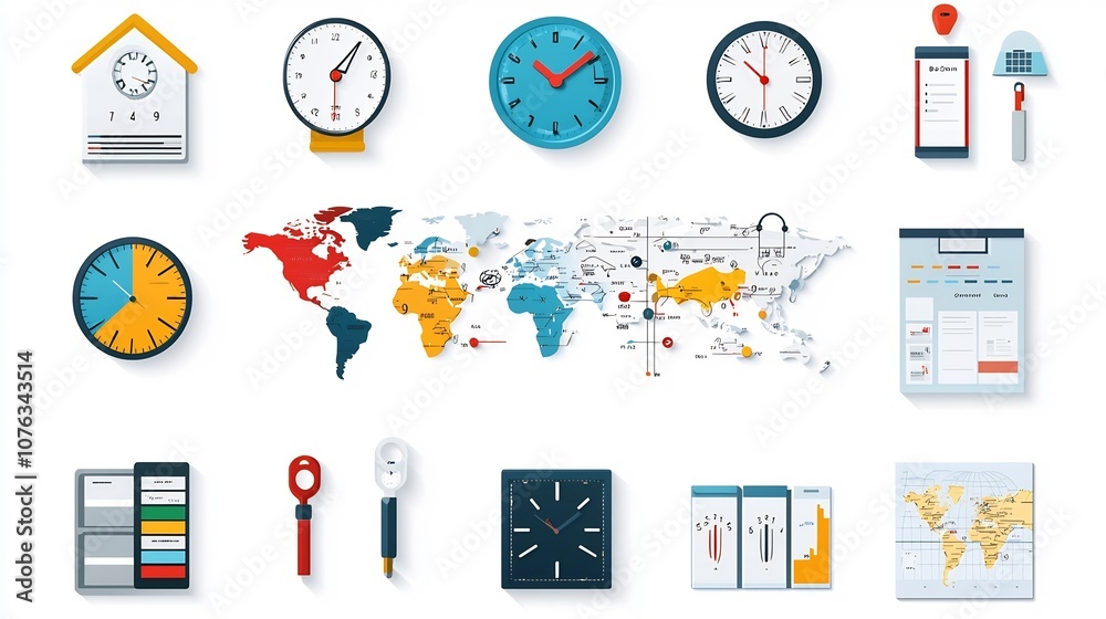 Aufkleber colorful and modern icons depicting time zones global map locations clocks and geographical indicato
