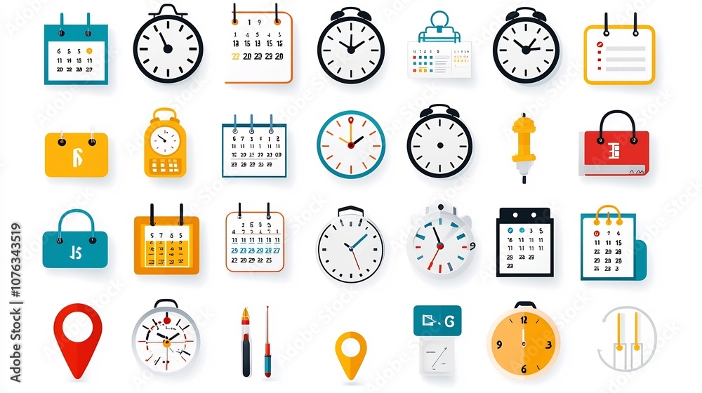 Leinwandbilder Vibrant icon set depicting various elements for meeting and appointment scheduling including clocks location markers calendar events and other organizational symbols  Suitable for digital products