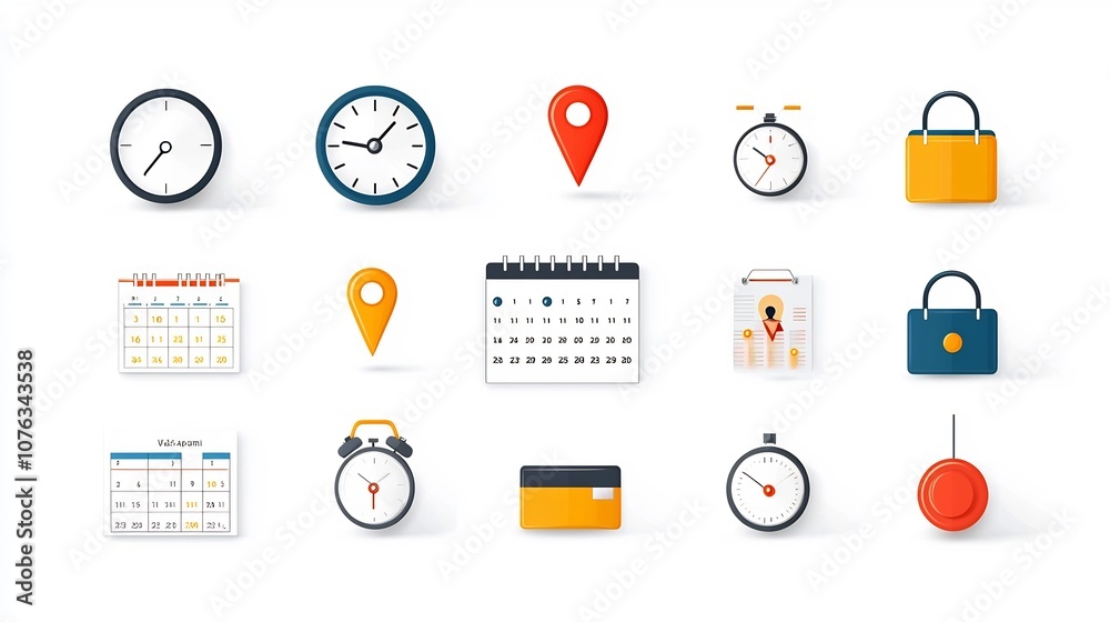 Poster Vibrant featuring a collection of icons focused on meeting and appointment scheduling including clocks location pins and calendar events  These icons are designed to represent time management