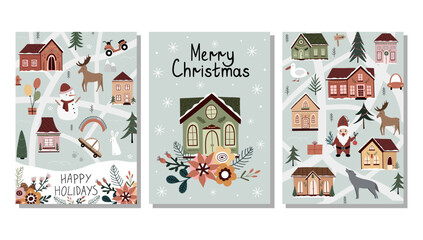 Hand drawn winter holiday cards. Merry Christmas card with lettering,Christmas tree, houses, snowman, rabbit, gifts, flowers, gnome, wolf, elf. Merry Christmas. Happy New Year. Invitation cards