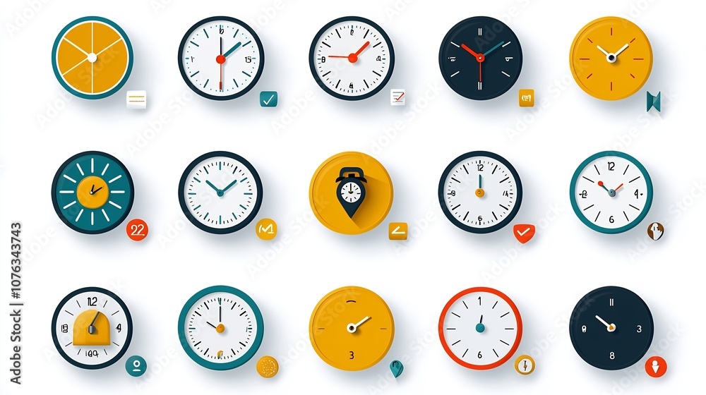 Fototapete Vibrant featuring a set of icons and symbols for time and location reminders alerts schedules and planning  Includes clock pins alert symbols calendar and schedule icons in a clean modern