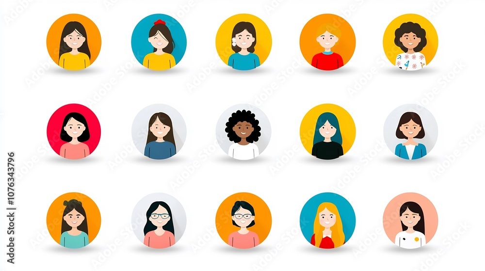 Fototapete Vibrant featuring a diverse array of stylized avatar icons representing people of various ages genders and cultural backgrounds symbolizing an inclusive global community in bright modern colors