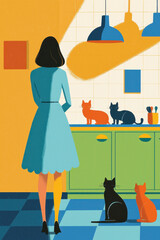 Sophisticated Retro Kitchen with Cats: A Delightful Mid-Century Modern Illustration