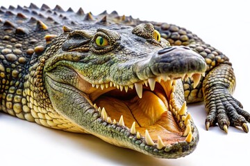 Fototapeta premium A Captivating Aerial Close-Up of a Crocodile's Textured Skin and Menacing Features on a Pure White Background for Wildlife and Nature Photography Enthusiasts