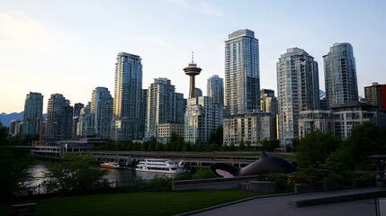 Fototapeta premium Widok na nowoczesną panoramę miasta z wieżowcami, wieżą i rzeką na pierwszym planie.