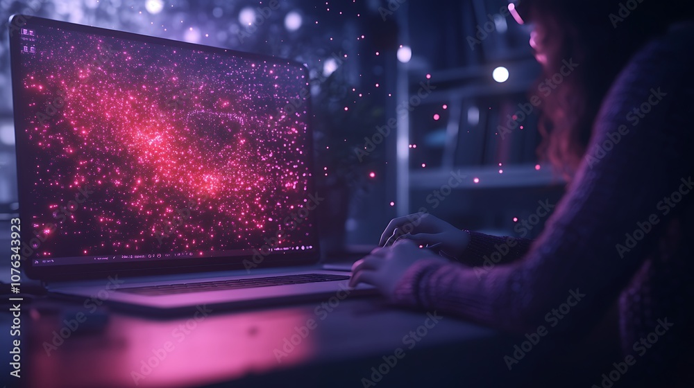 Poster a person typing on a laptop displaying a vivid, colorful digital network or galaxy, set against a bl