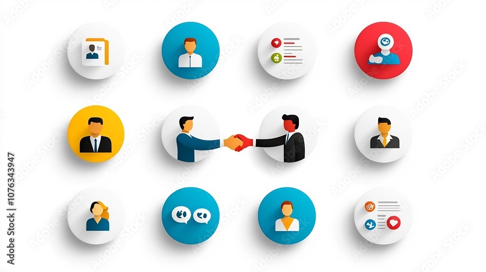 Poster vibrant icons depicting various aspects of social interaction and in a professional corporate enviro