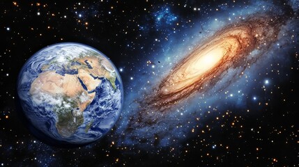 Fototapeta premium A view of planet Earth from space, with the Milky Way galaxy in the background.