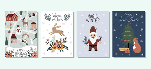 Hand drawn winter holiday cards. Merry Christmas card with inscription, Christmas card, hare, elf, gnome, fox, tree, lettering. Merry Christmas. Happy New Year. Invitation cards with quotes