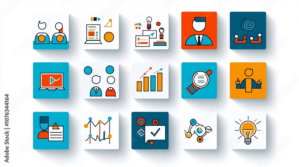 Poster vibrant style icons depicting various business and leadership themes including presentations teamwor