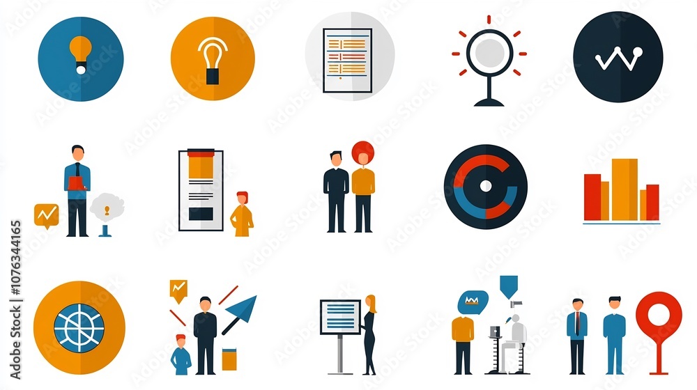 Aufkleber vibrant vector style icons symbolizing key elements of business success such as teamwork presentatio